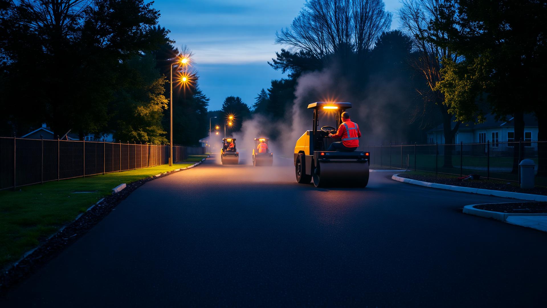 Blacktop Jack crew paving a residential asphalt driveway at dusk